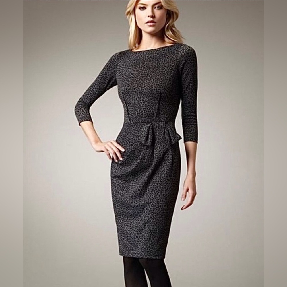 David Meister Black & Gray Leopard Sheath Dress With Bow Size 10